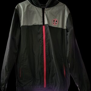 Marvel Deadpool Black and Gray Hooded Windbreaker with Red Trim